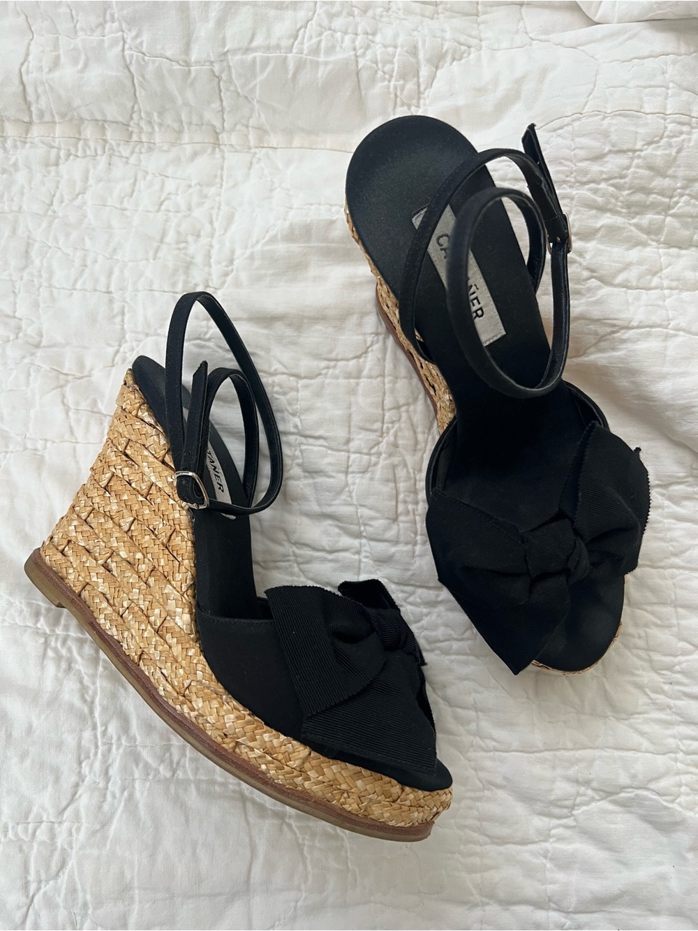 Castaner Black Bow Espadrille Wedge Sandals with Natural Raffia Heel